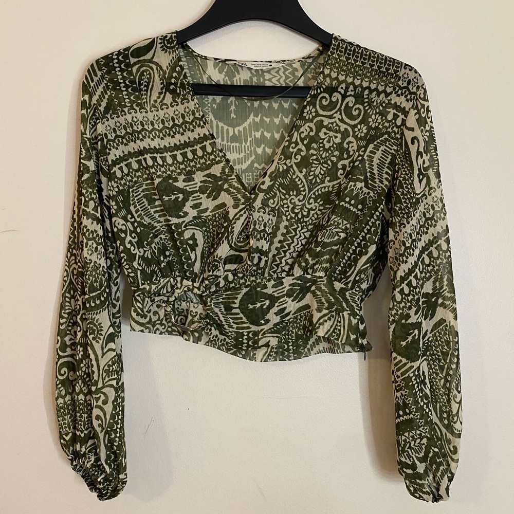 Zara Sheer Olive Green Paisley Patterned Crop V-neck Blouse